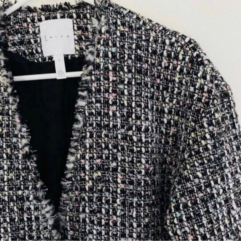 Leith Black Metallic Tweed Fringe Oversized Pea Coat Small - Picture 3 of 4
